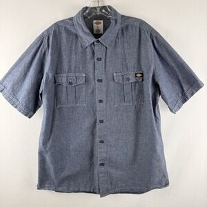 Dickies Mens Sz L Denim Style Short Sleeve Work Shirt Flap Pockets Workwear